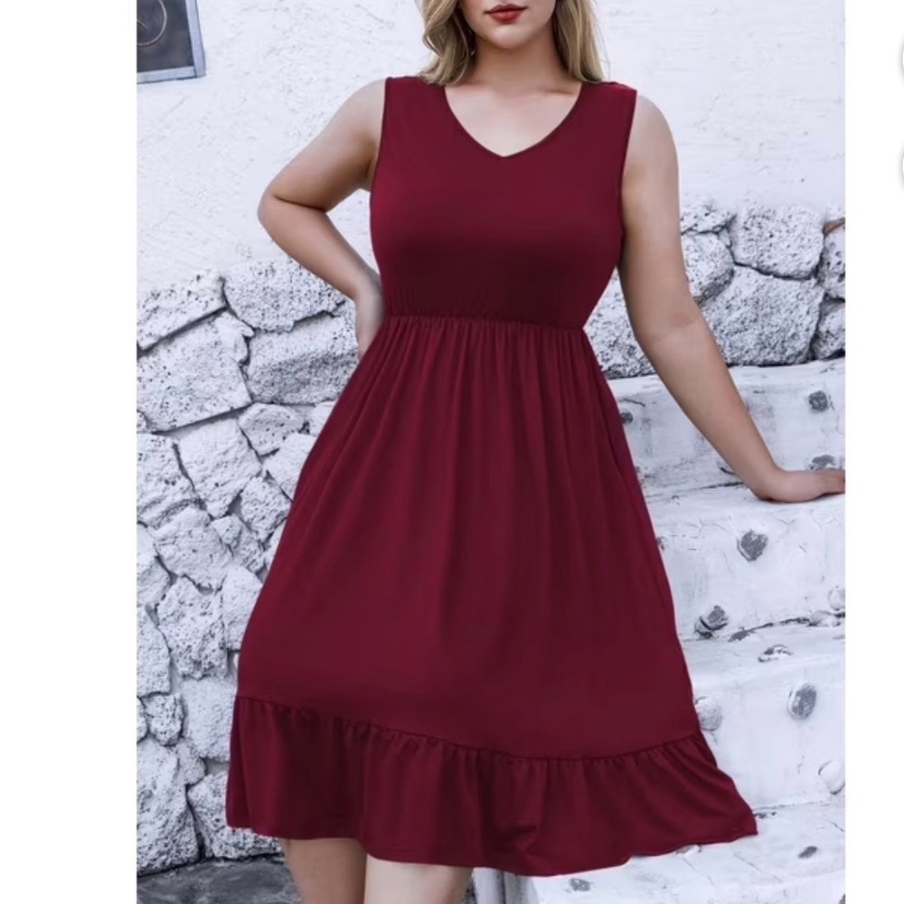 Calvin Klein Sleeveless V-Neck Wine Red Midi Dress
